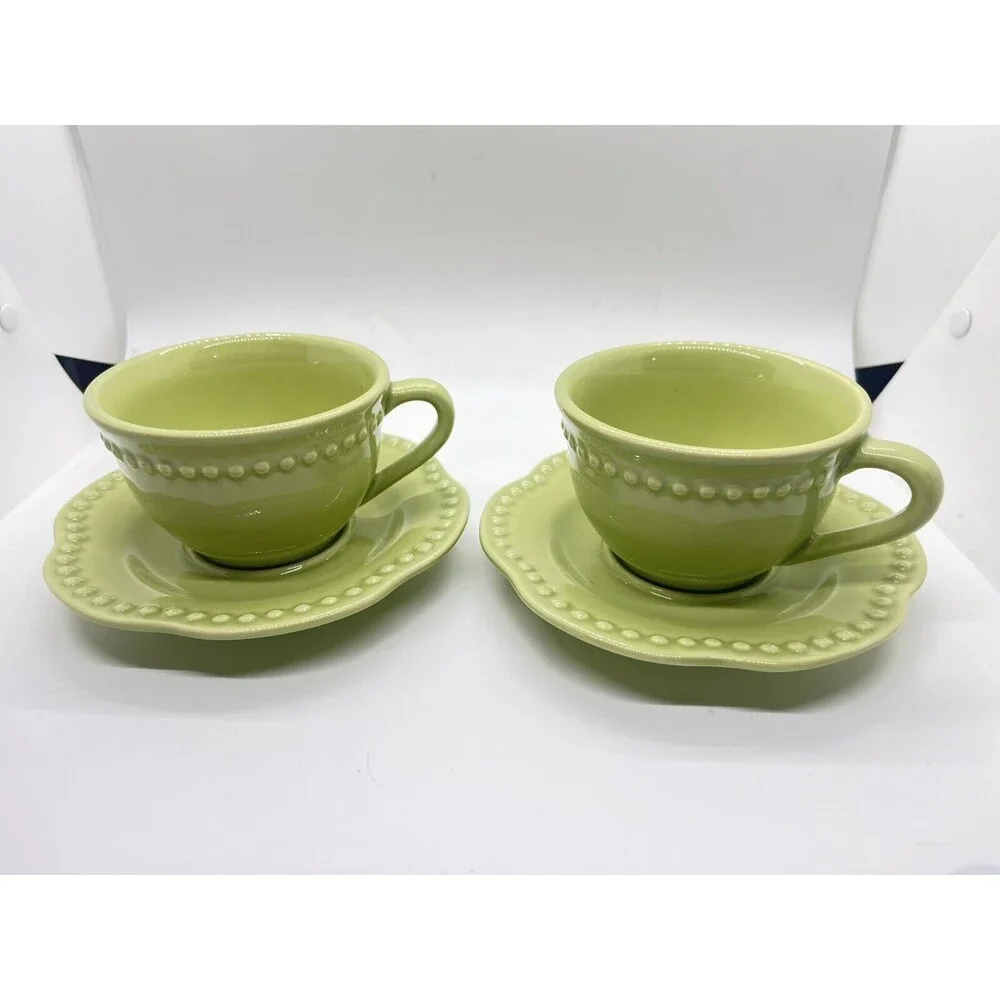 SET OF 2 POTTERY BARN EMMA GREEN BEADED CUP & SAUCER SETS PORTUGAL